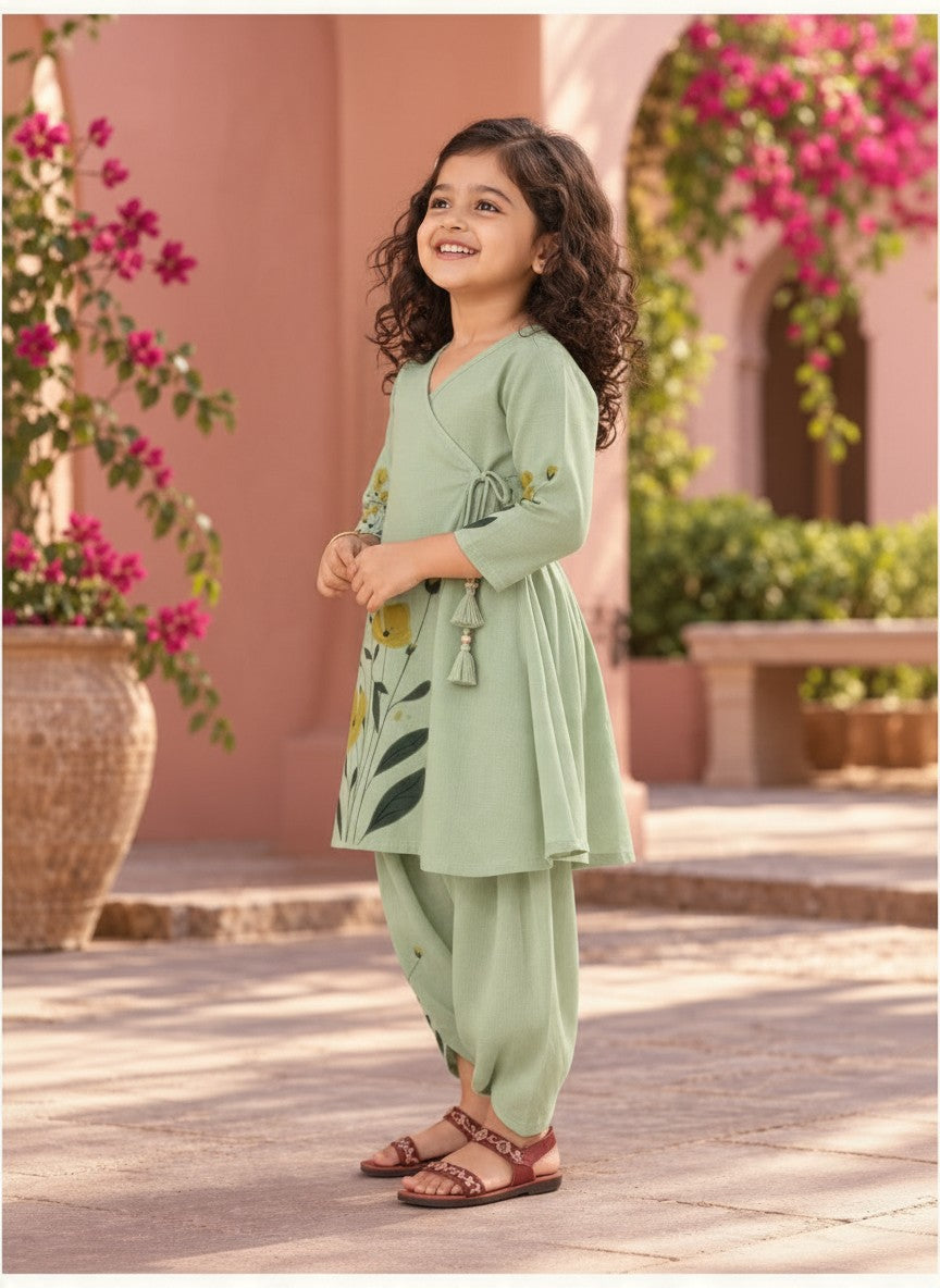 Girls' See Green Cotton Kurti with Tulip pant Set – Printed