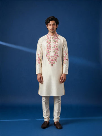 Men's Off-White Art Silk Kurta Pyjama Set – Ethnic Print & Side Placket