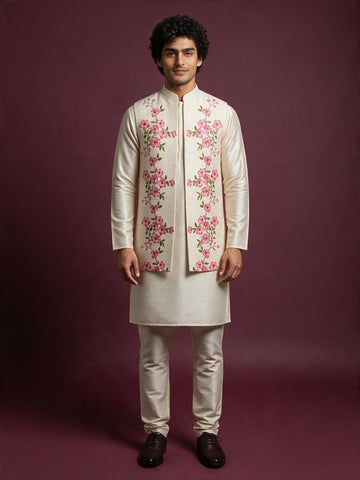 Men's Off-White Art Silk Kurta Pyjama with Printed jacket Set