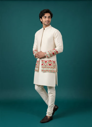 Men's Off-White Art Silk Kurta Pyjama with Printed jacket Set