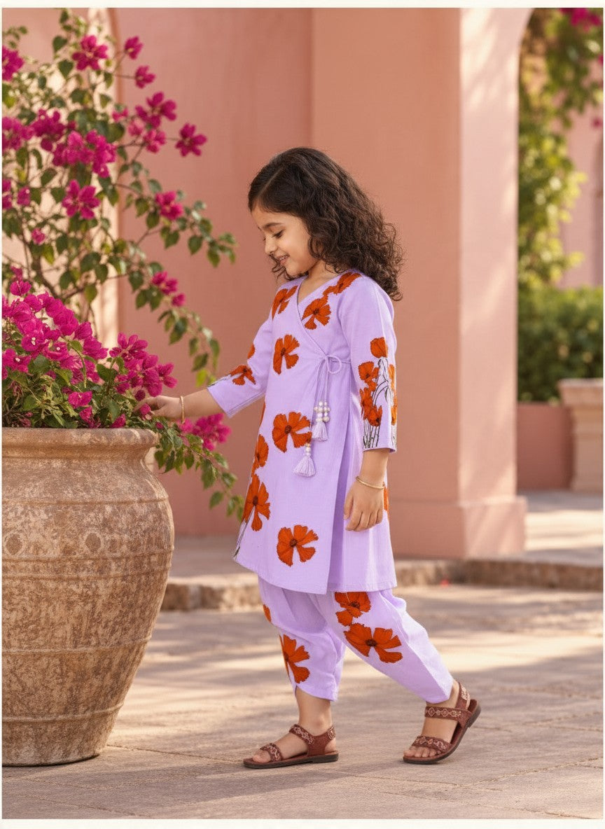 Girls' Purple Cotton Kurti with Tulip pant Set – Printed