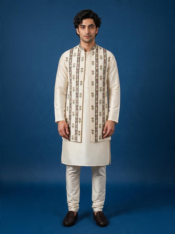 Men's Off-White Art Silk Kurta Pyjama with Printed jacket Set