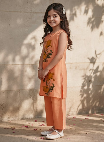 Girls' Peach Cotton Kurti and Semi Palazzo Set – Printed