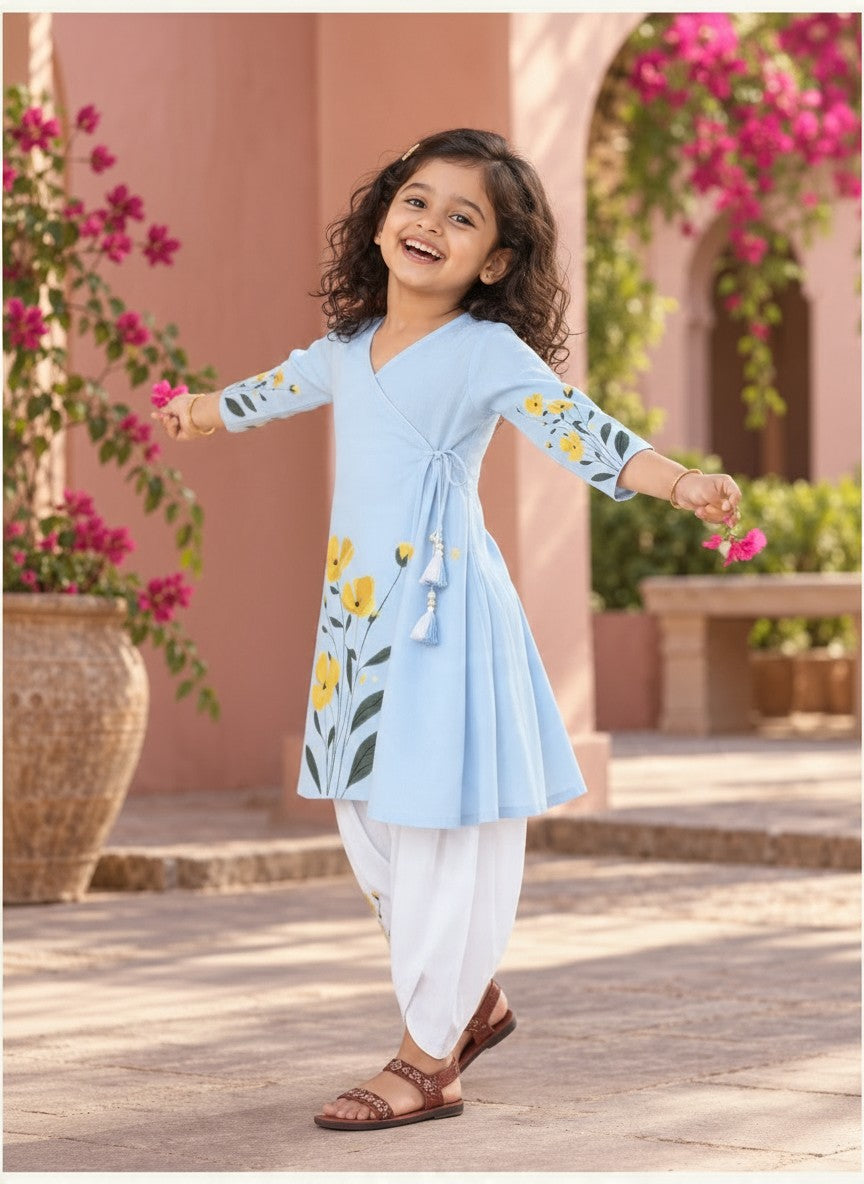 Girls' Sky Blue Cotton Kurti with Tulip pant Set – Printed