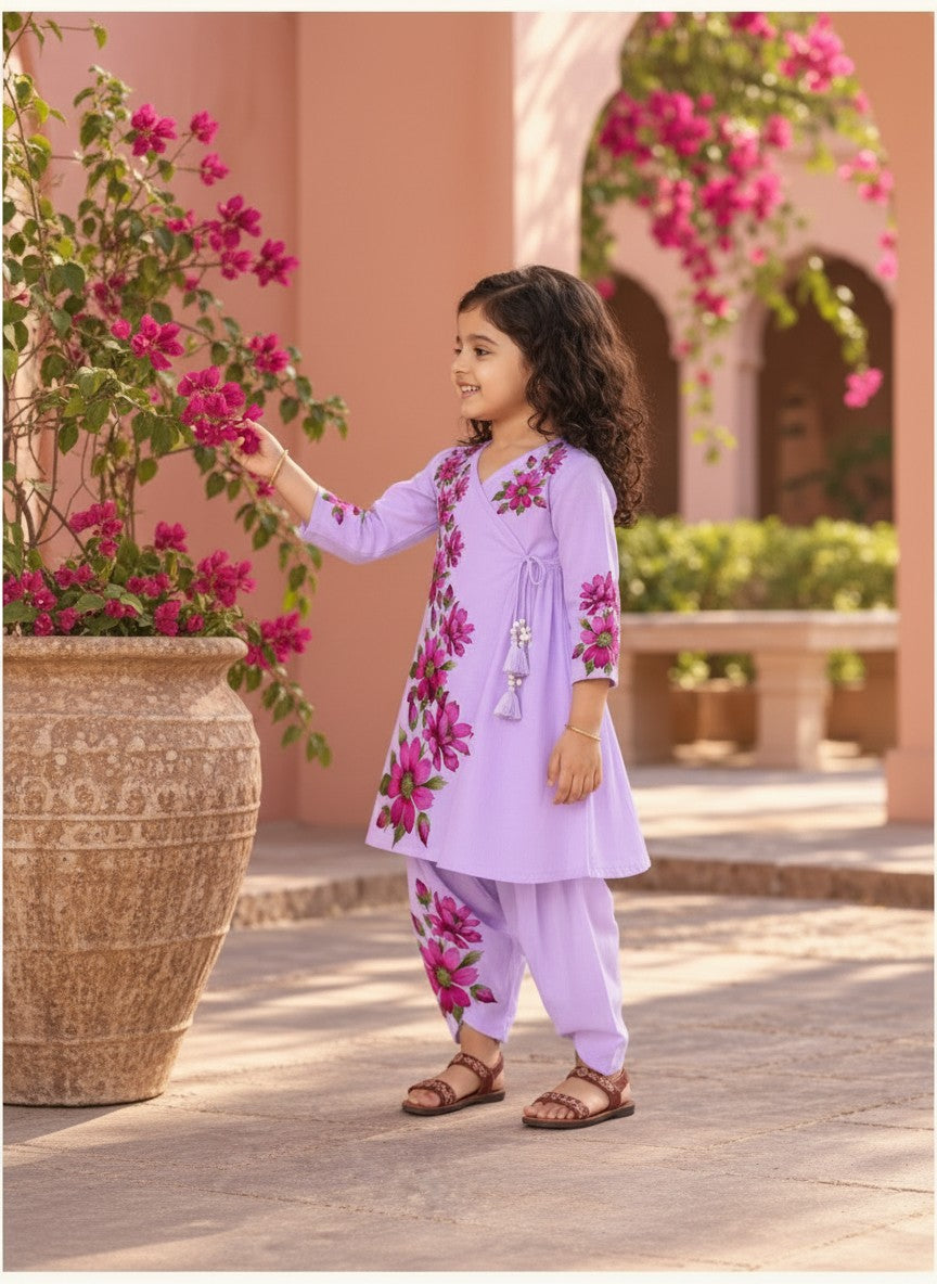 Girls' Purple Cotton Kurti with Tulip pant Set – Printed