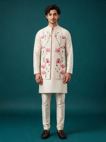 Men's Off-White Art Silk Kurta Pyjama with Printed jacket Set