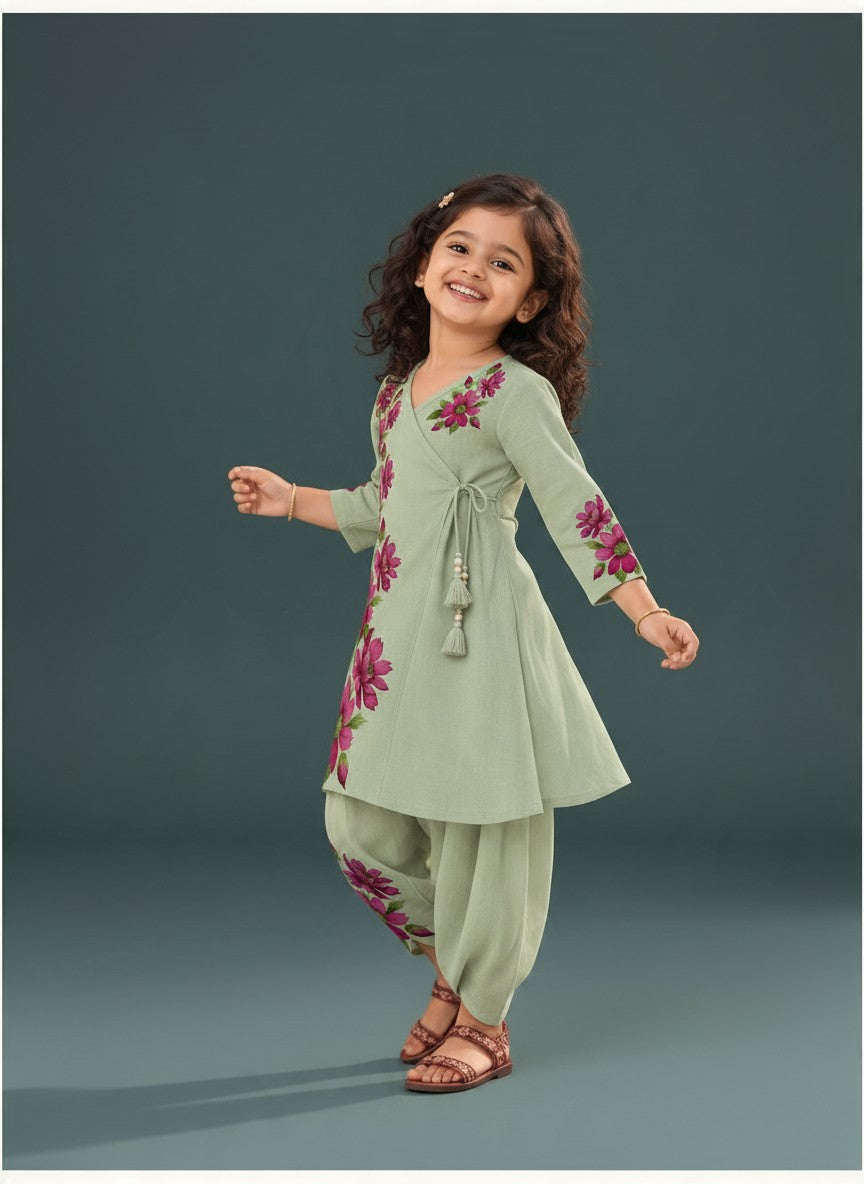 Girls' See Green Cotton Kurti with Tulip pant Set – Printed