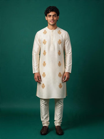 Men's Off-White Art Silk Kurta Pyjama Set – Ethnic Print & Side Placket