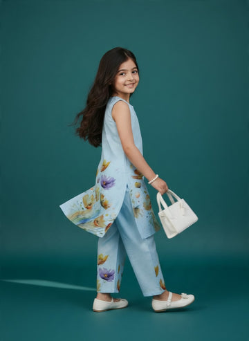 Girls' Sky Blue Cotton Kurti and Semi Palazzo Set – Printed