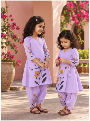 Girls' Purple Cotton Kurti with Tulip pant Set – Printed