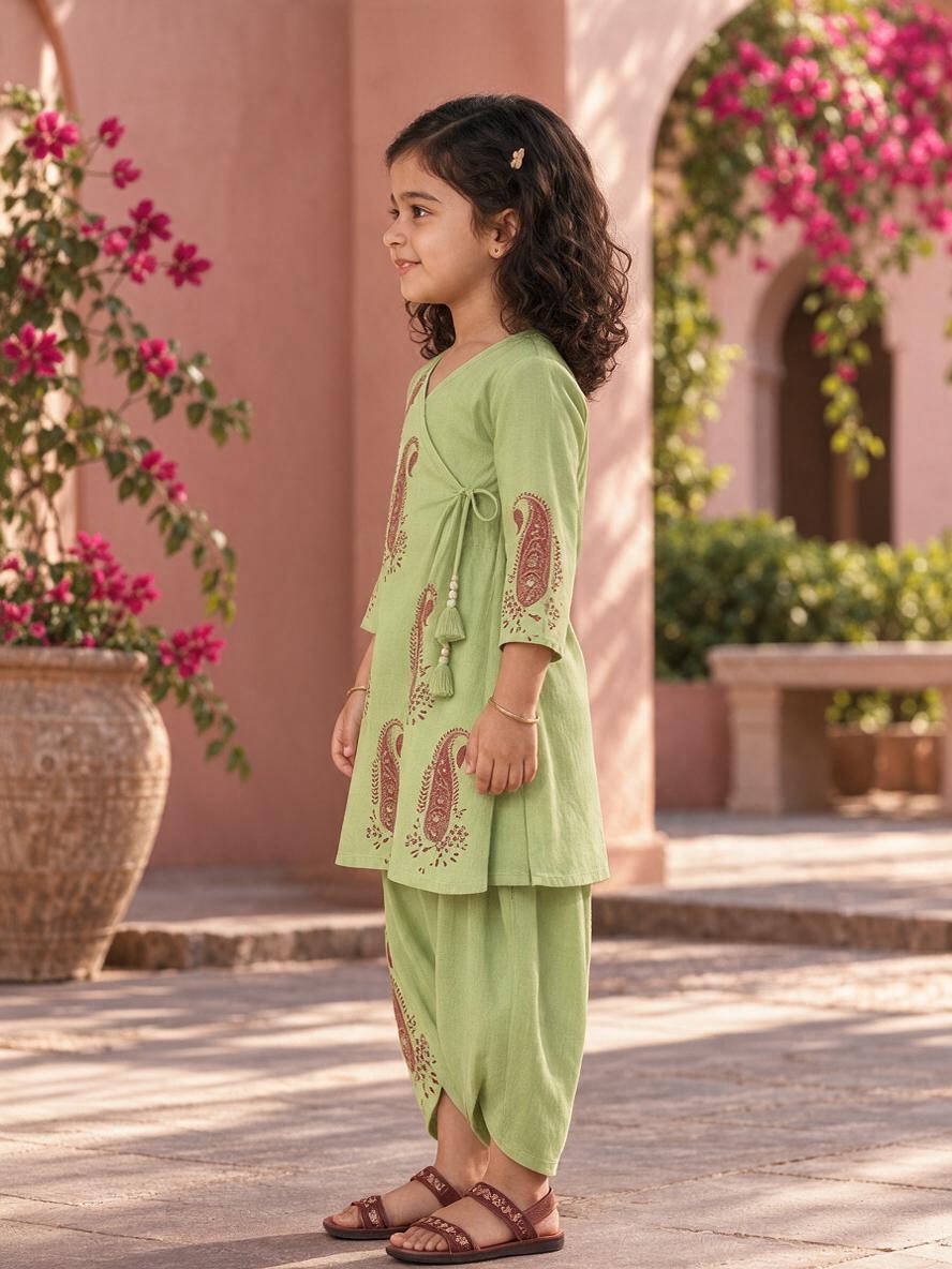 Girls' Green Cotton Kurti with Tulip pant Set – Printed