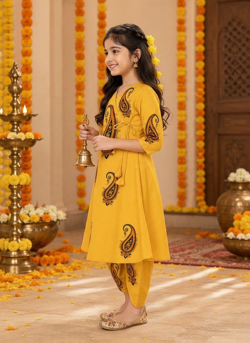 Girls' Mustard Cotton Kurti with Tulip pant Set – Printed