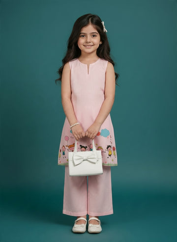 Girls' Pink Cotton Kurti and Semi Palazzo Set – Printed