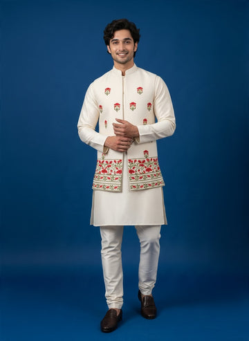 Men's Off-White Art Silk Kurta Pyjama with Printed jacket Set