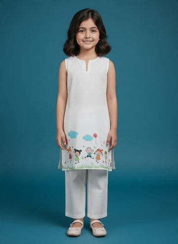 Girls' White Cotton Kurti and Semi Palazzo Set – Printed