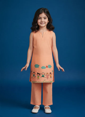 Girls' Peach Cotton Kurti and Semi Palazzo Set – Printed