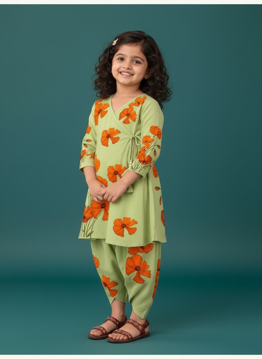Girls' Green Cotton Kurti with Tulip pant Set – Printed
