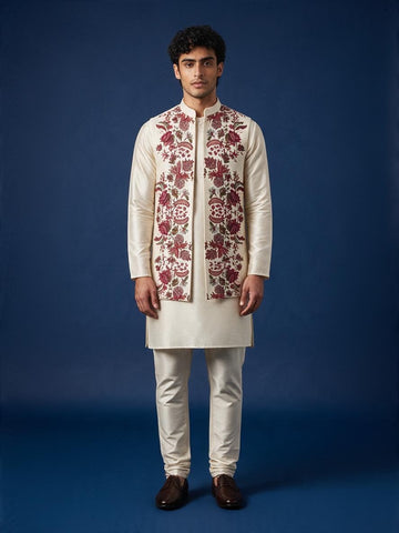Men's Off-White Art Silk Kurta Pyjama with Printed jacket Set