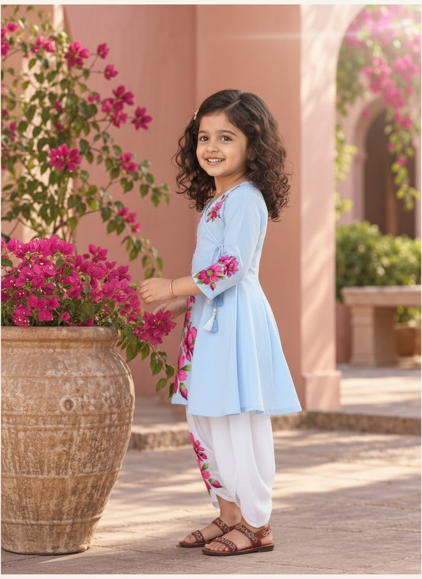 Girls' Sky Blue Cotton Kurti with Tulip pant Set – Printed