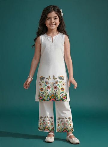 Girls' White Cotton Kurti and Semi Palazzo Set – Printed