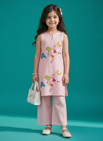 Girls' Pink Cotton Kurti and Semi Palazzo Set – Printed