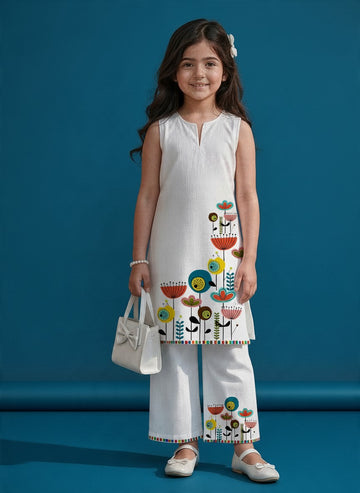 Girls' White Cotton Kurti and Semi Palazzo Set – Printed