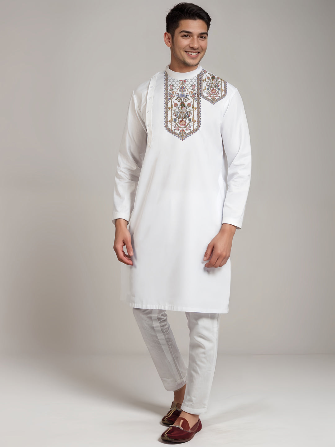 Band Collar Ethnic Motifs Printed Straight Cotton Kurta With Pyjama Set