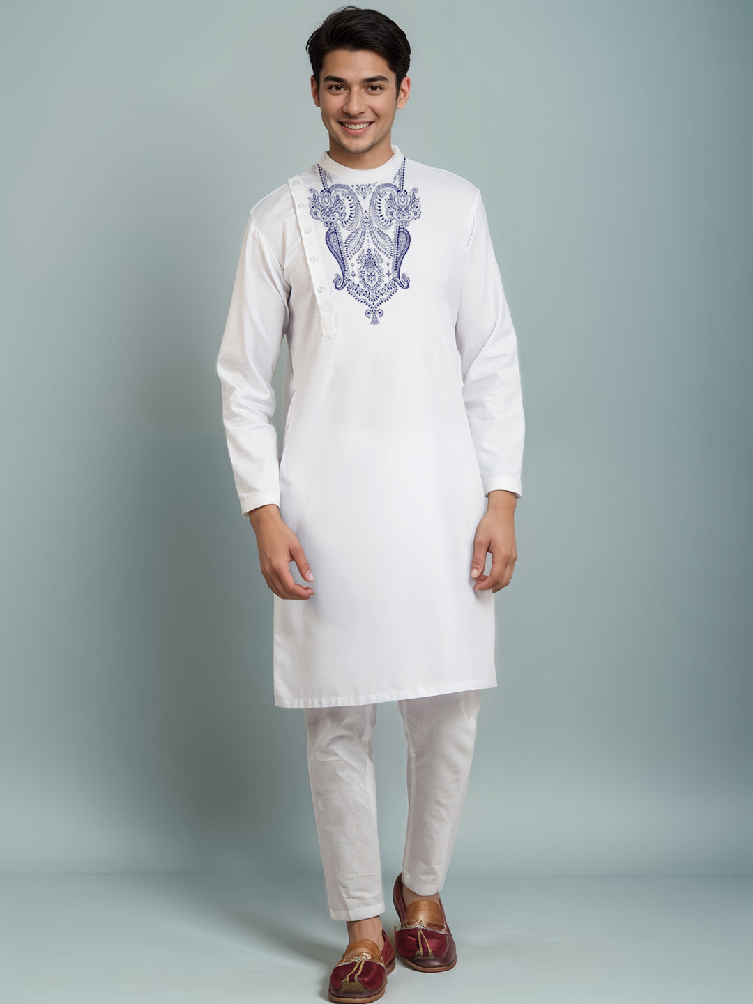 Mens White Printed Kurta