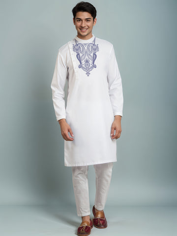 [MGSP-B] Men's White Ethnic Print Side Placket Cotton Kurta Set