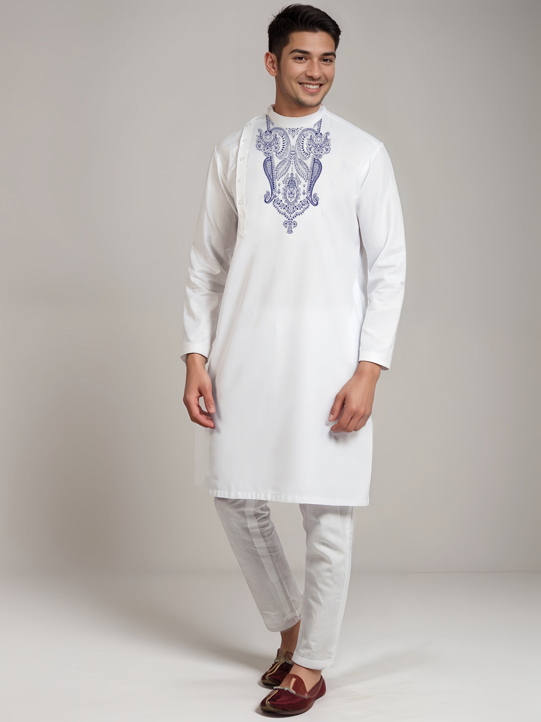 [MGSP-B] Men's White Ethnic Print Side Placket Cotton Kurta Set