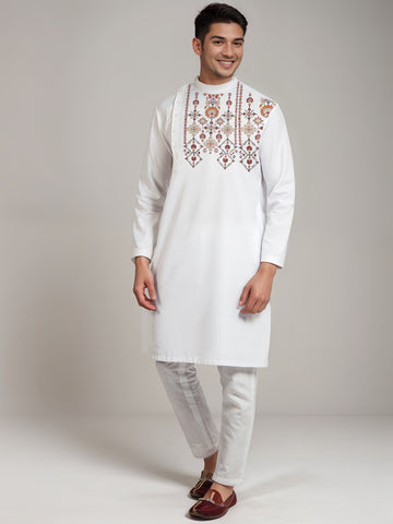 Floral Printed Mandarin Collar Cotton Straight Kurta With Pyjama Set