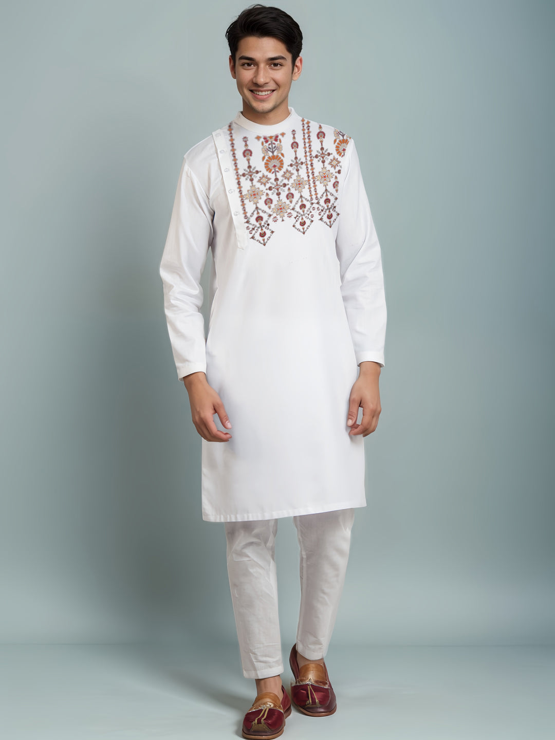 Floral Printed Mandarin Collar Cotton Straight Kurta With Pyjama Set