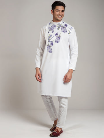 Floral Printed Mandarin Collar Cotton Straight Kurta With Pyjama Set