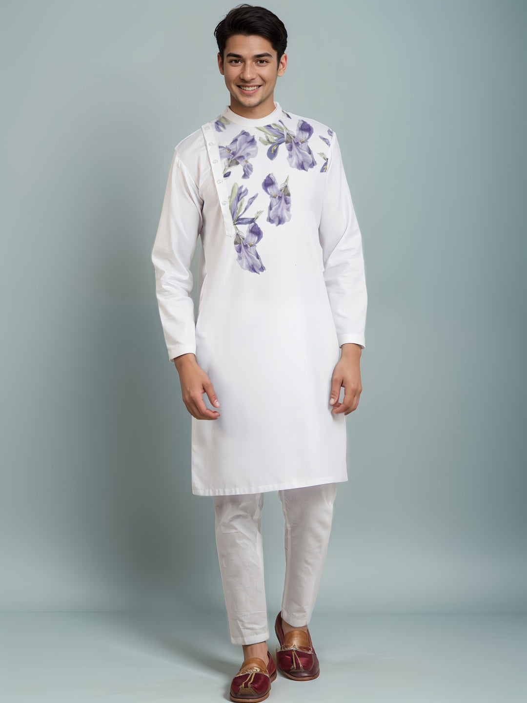 Floral Printed Mandarin Collar Cotton Straight Kurta With Pyjama Set