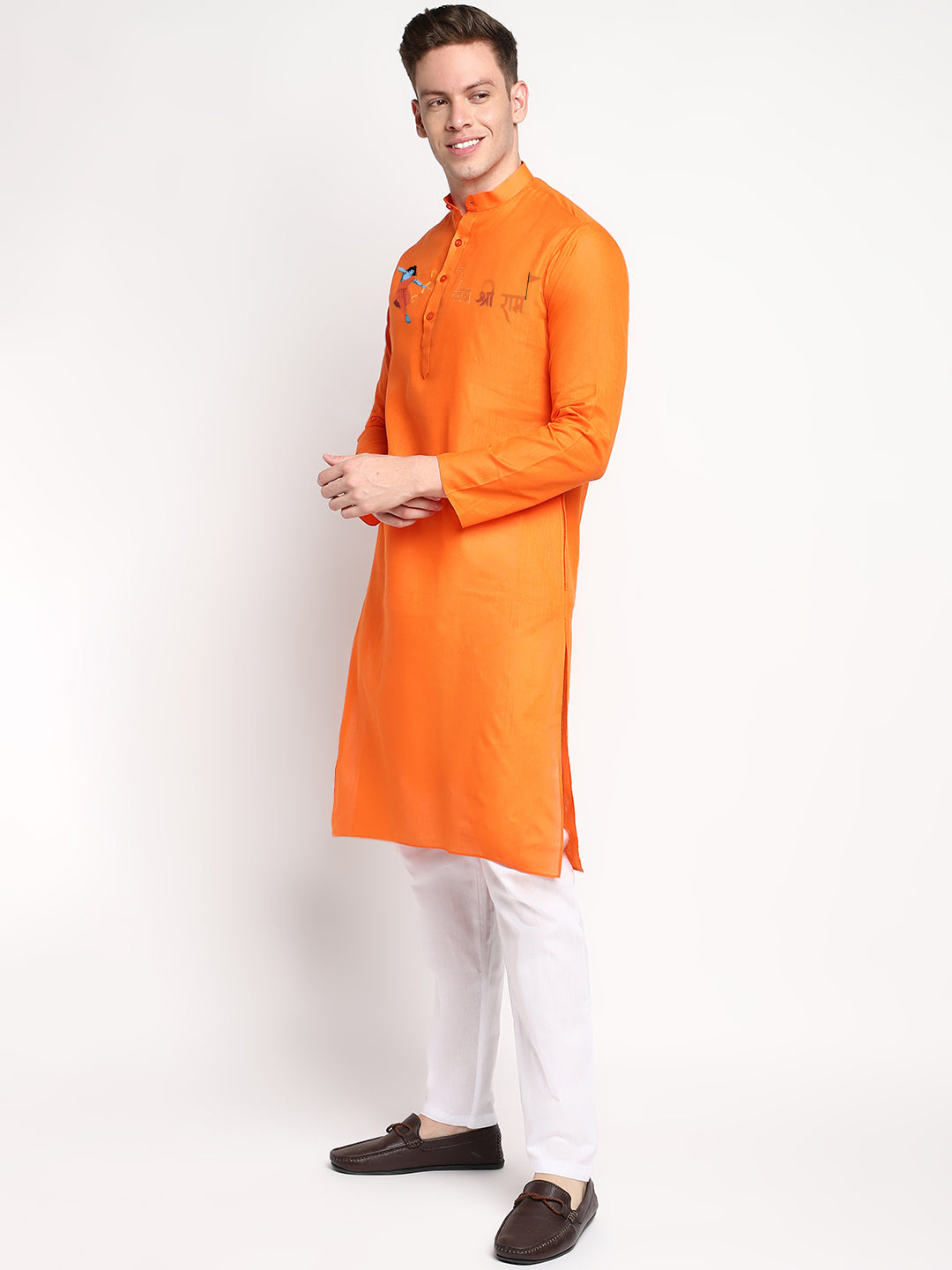 [CCSP] Men's Yellow Shri Ram Print Cotton Kurta Set