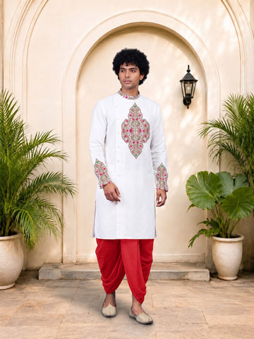 Men's White Cotton Kurta with Dhoti Set – Ethnic Print & Side Placket