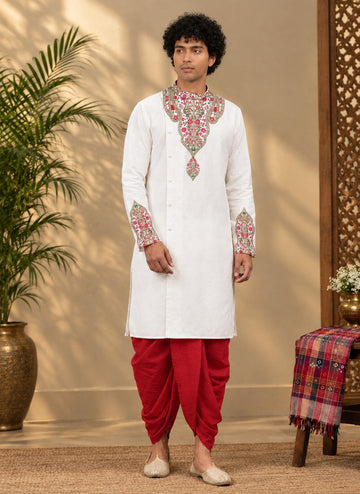 Men's White Cotton Kurta with Dhoti Set – Ethnic Print & Side Placket