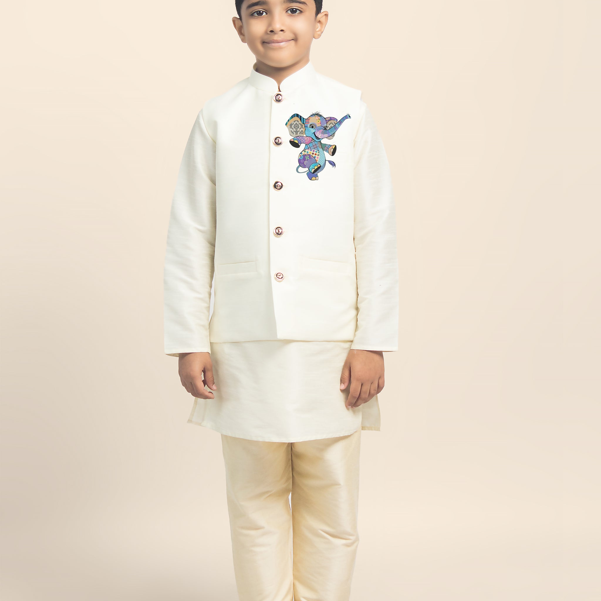 Boys White Printed Kurta & Pyjama Set With Nehru Jacket