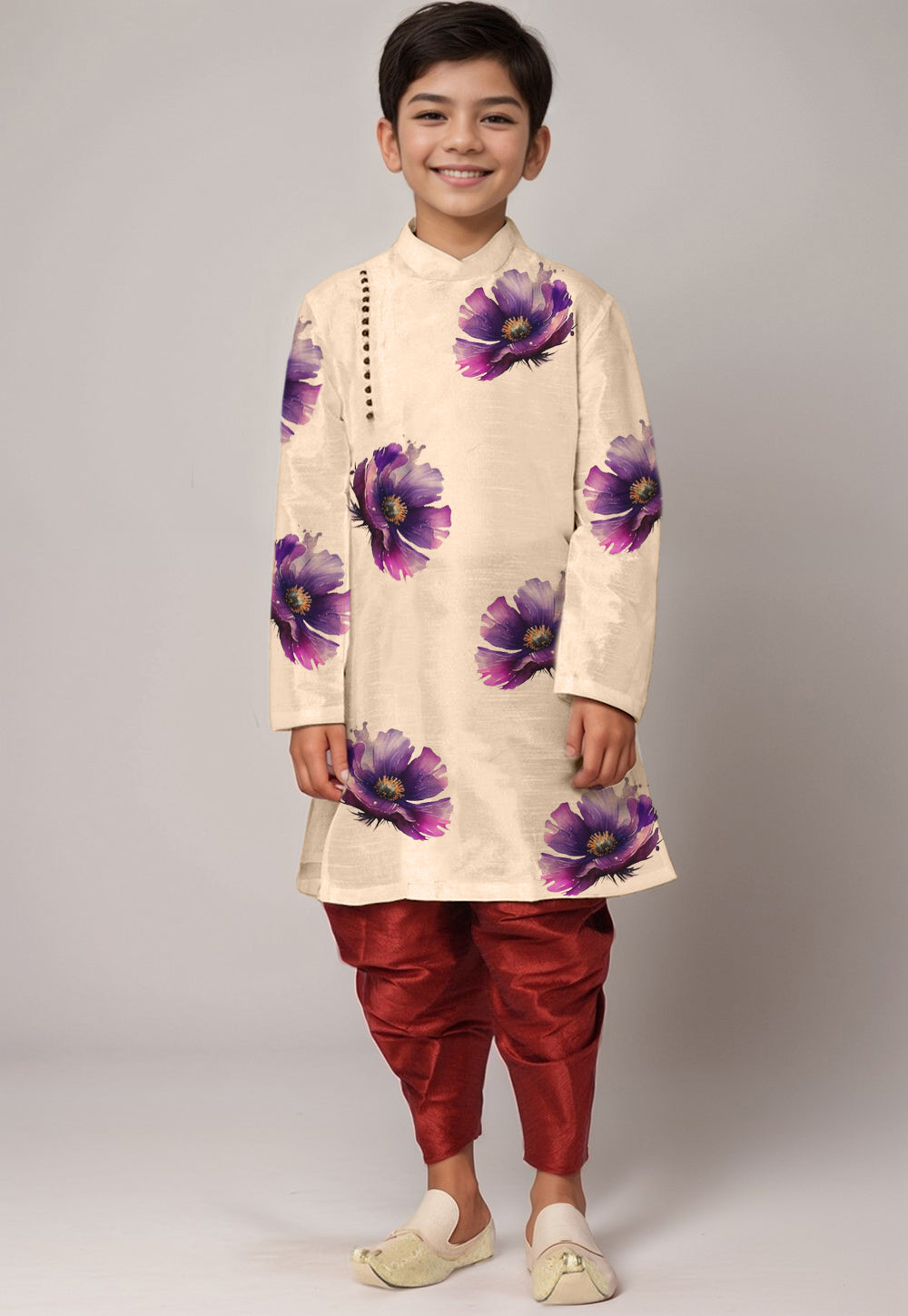 Boys Beige Printed Kurta With Dhoti