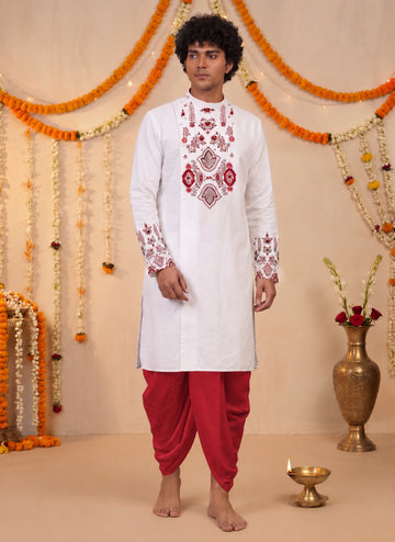 Men's White Cotton Kurta with Dhoti Set – Ethnic Print & Side Placket