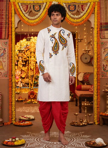 Men's White Cotton Kurta with Dhoti Set – Ethnic Print & Side Placket