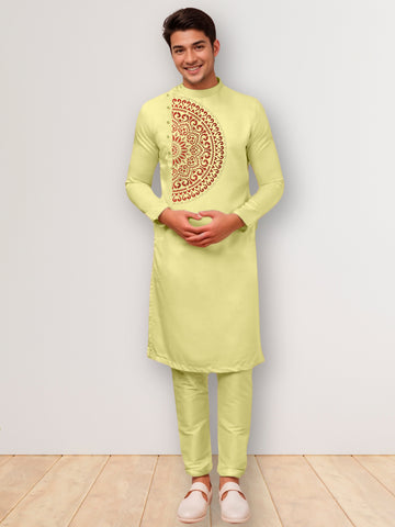 Mens Lime Green Side Placket Printed Kurta-Pyjama Set
