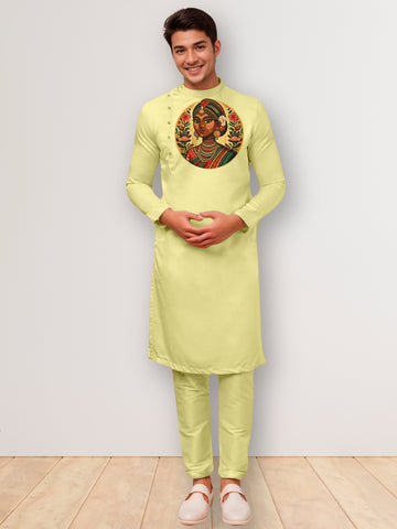 Mens Lime Green Side Placket Printed Kurta Wite Pyjama Set