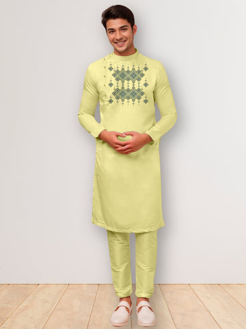Mens Lime Green Side Placket Printed Kurta Wite Pyjama Set