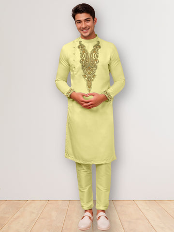 Mens Lime Green Side Placket Printed Kurta Wite Pyjama Set