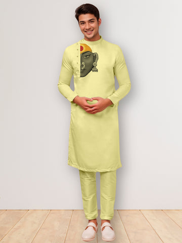 Mens Lime Green Side Placket Printed Kurta Wite Pyjama Set