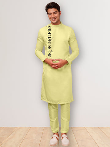 Mens Lime Green Side Placket Printed Kurta Wite Pyjama Set