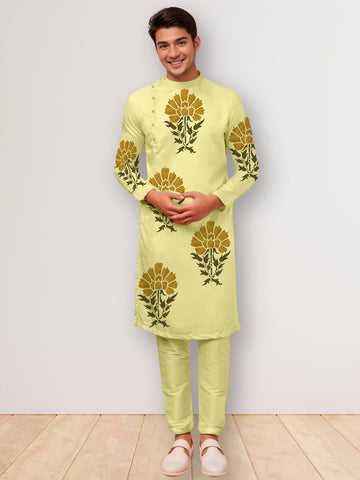 Mens Lime Green Side Placket Printed Kurta Wite Pyjama Set