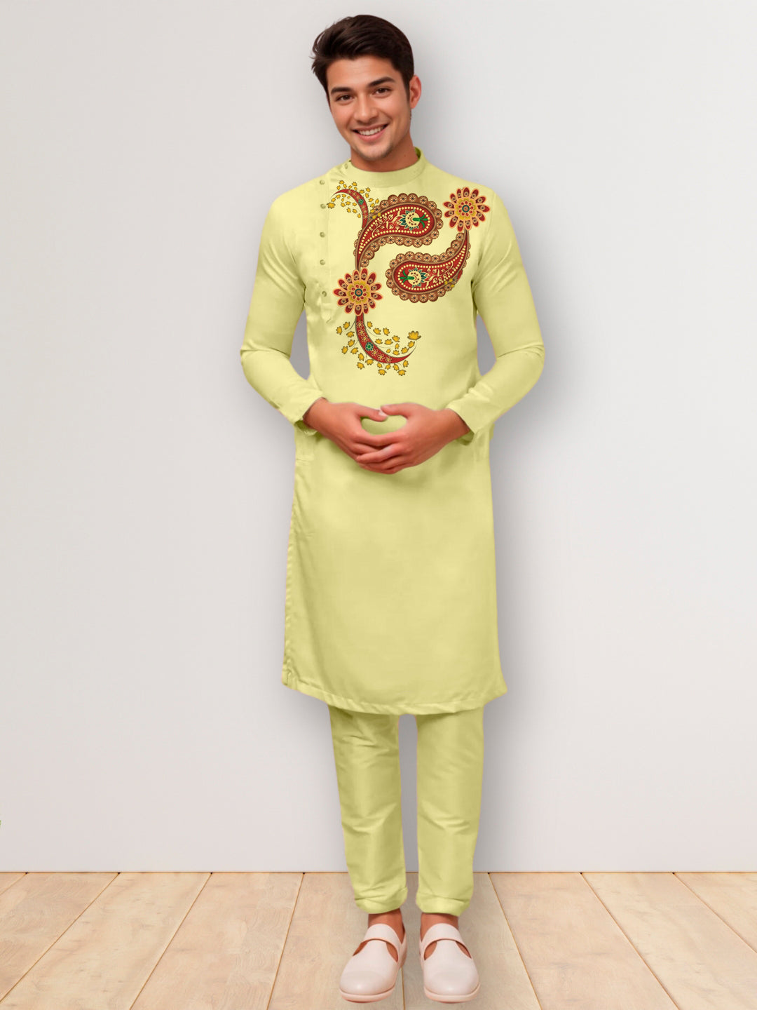 Mens Lime Green Side Placket Printed Kurta Wite Pyjama Set