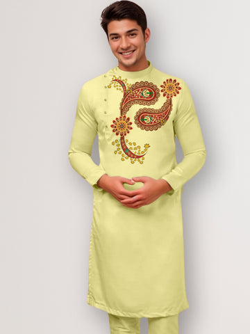 Mens Lime Green Side Placket Printed Kurta Wite Pyjama Set